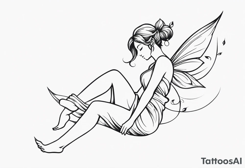 Minimalistic, monochromatic fairy with a tail flying to the left in a fetal position, leaning and looking in the same direction, with visible hands, embodying the 'Fairy Tail' logo aesthetic. tattoo idea