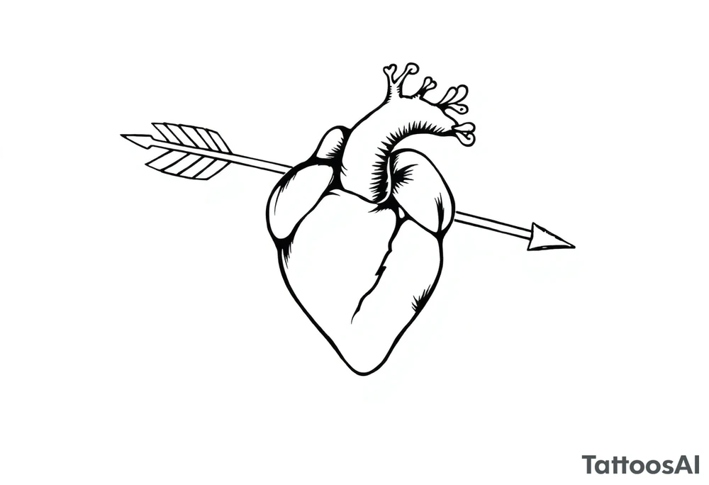 anatomical heart pierced by ornate arrow with flowing ribbons tattoo idea