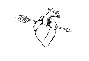 anatomical heart pierced by ornate arrow with flowing ribbons tattoo idea