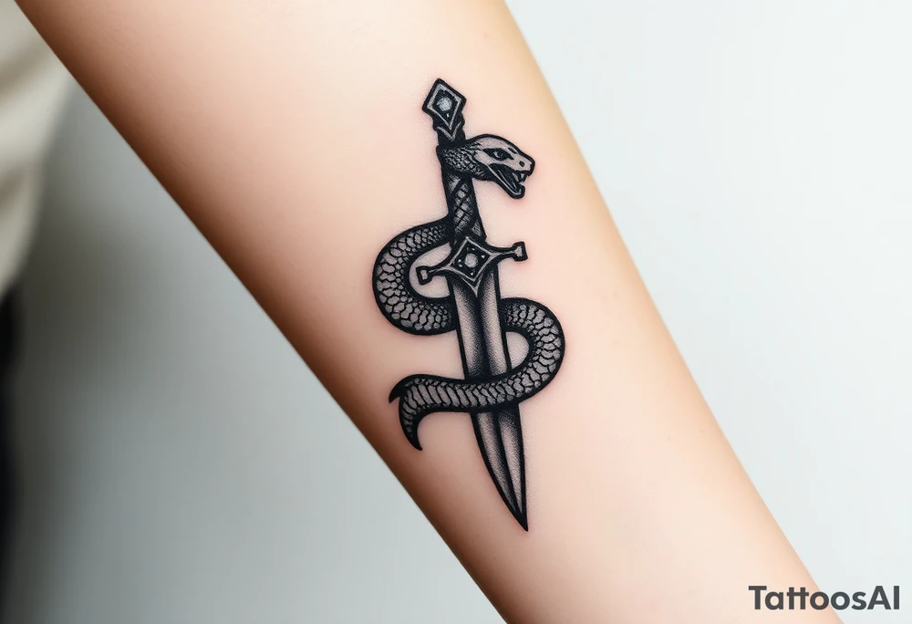 mystical snake coiled around an ancient dagger with jeweled hilt tattoo idea