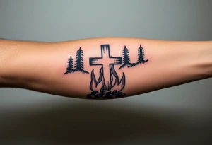 Campfire with cross hidden in the flames include the great outdoors and night sky make sure cross doesn't look like it is on fire tattoo idea