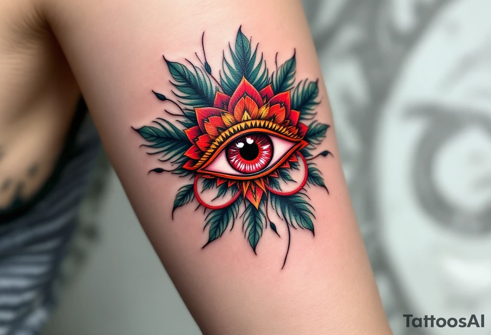 A ruby red Udjat eye surrounded by dark green papyrus leaves for healing and wholeness. tattoo idea