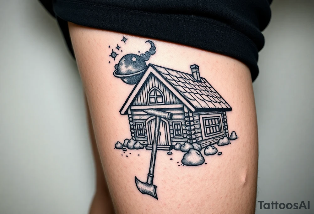 Nordic house with cosmic sky and celestial details. With a pickaxe out the front of the house tattoo idea