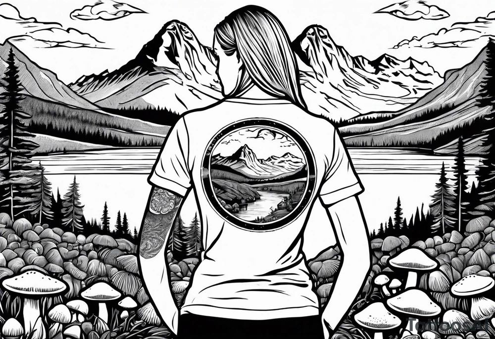 Whole picture encircled fully

Straight long blonde hair hippie girl in distance holding mushrooms in hand facing away toward mountains and creek surrounded by mushrooms tee shirt and hiking pants; whole rendering within a full circle, no cut off circle tattoo idea
