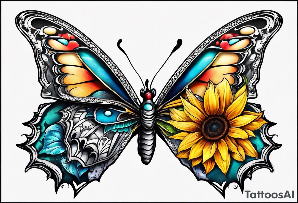 Half butterfly half sunflower tattoo idea