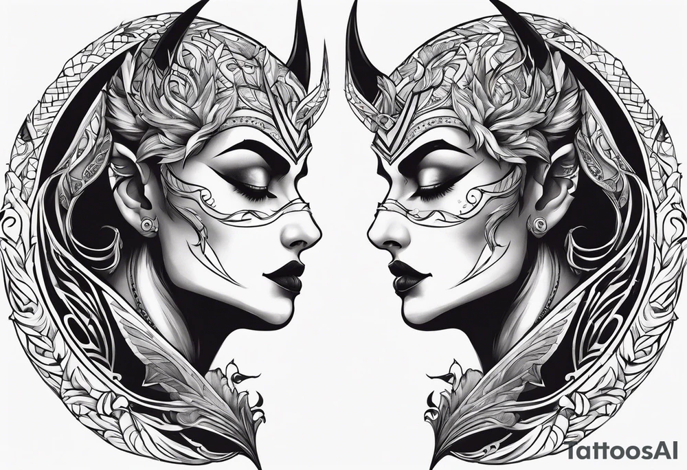 engel and devil look at each other from top and bottom tattoo idea