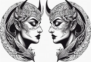 engel and devil look at each other from top and bottom tattoo idea