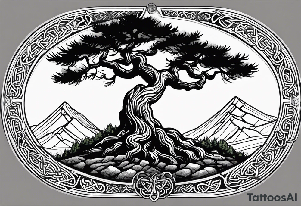 Pine tree on the oposite side a juniper tree, roots of botj trees are emtangeled in celtic trinity sign tattoo idea