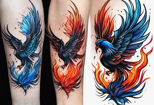 Minimalist lines twin flame blue red and orange mixed flame with some type of straight lines. Small tattoo for forearm placement tattoo idea