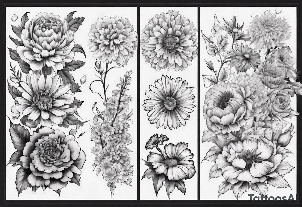 a sleeve tattoo of Marigold flowers, Chrysanthemum flowers, Chelsea flowers, Holly flowers and roses tattoo idea