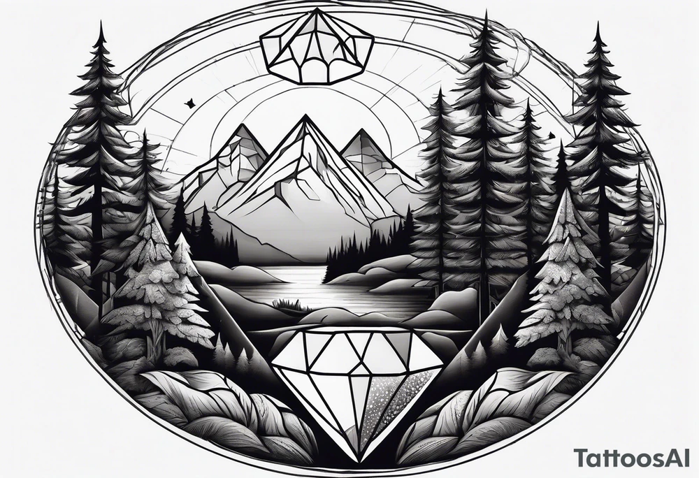 a forest along the edges with mountains below and in the distance with full trees and a diamond in the middle tattoo idea