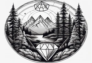 a forest along the edges with mountains below and in the distance with full trees and a diamond in the middle tattoo idea