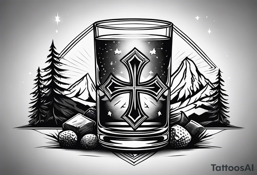 cross, campfire, golf , whiskey glass, cabin tattoo idea