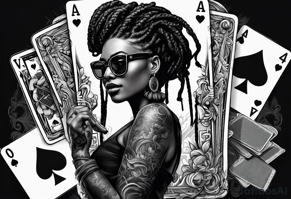 woamn with dread locks and un glasses playing cards and dice tattoo idea