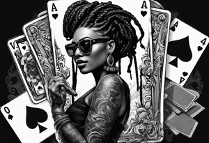woamn with dread locks and un glasses playing cards and dice tattoo idea