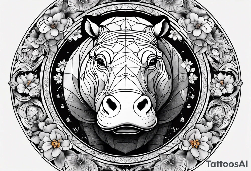 Very asymmetrical, +geometric pattern, with realistic full moon, with seeious looking hippo, +zen feel, + Buddhism touch,
with wintersweet flower bud, +portrait orientation, +inkart touch, tattoo idea