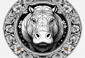 Very asymmetrical, +geometric pattern, with realistic full moon, with seeious looking hippo, +zen feel, + Buddhism touch,
with wintersweet flower bud, +portrait orientation, +inkart touch, tattoo idea