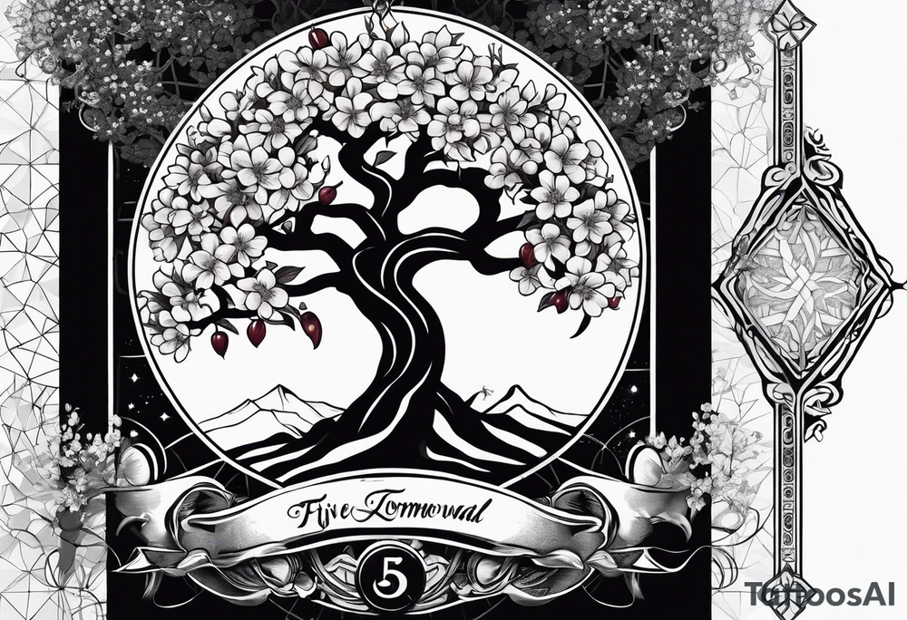 yggdrasil, five or six cherry tree flower on the upper left, the logo of tommorowland, and on the background a geometrical shape tattoo idea