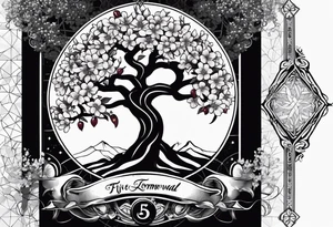 yggdrasil, five or six cherry tree flower on the upper left, the logo of tommorowland, and on the background a geometrical shape tattoo idea