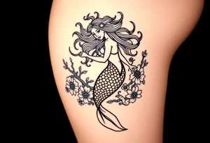 mermaid with flowing hair among coral and sea flowers and snakes tattoo idea