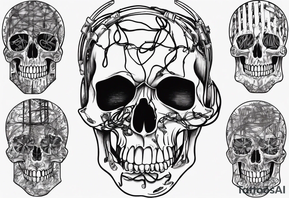 Skull covered in wires tattoo idea