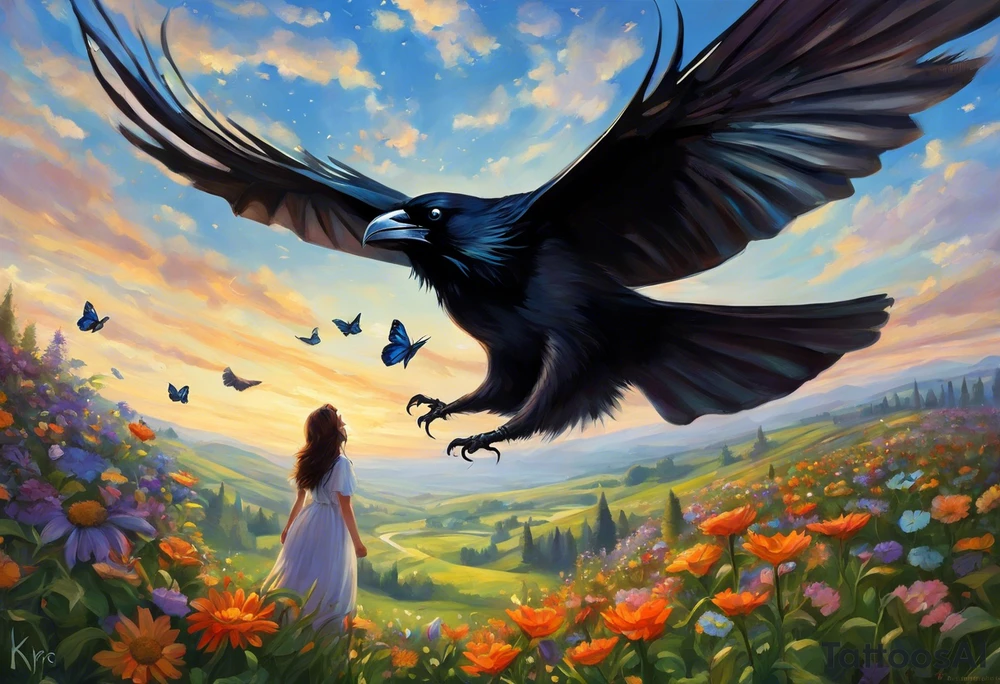 A butterfly flies towards the sky. Below the butterfly, a raven flies towards the sky. 
The butterfly and the raven are the same size
In the background is the name Malia.
In the background is the name SKF.
The number 89 can be seen in the background.
There is also a scorpion in the wing of the butterfly. tattoo idea