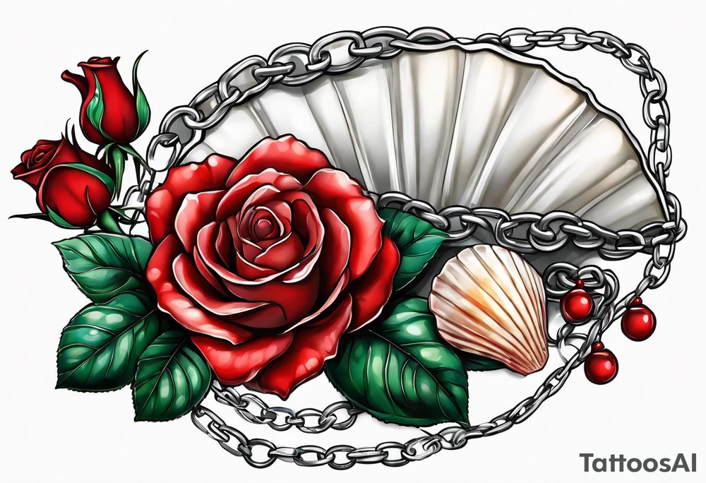 Red rose with a chain made with pearls and a seashell tattoo idea