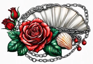 Red rose with a chain made with pearls and a seashell tattoo idea