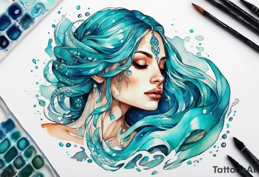 A beautiful undine with turquois scales wearing a white robe, laying on the shore tattoo idea