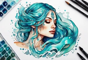 A beautiful undine with turquois scales wearing a white robe, laying on the shore tattoo idea