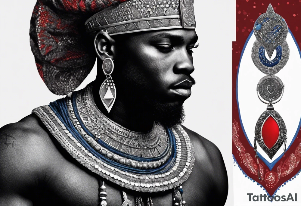 An african god, a bald black-skinned warrior, that uses a sword and a silver crown. He also uses blue and red necklaces tattoo idea