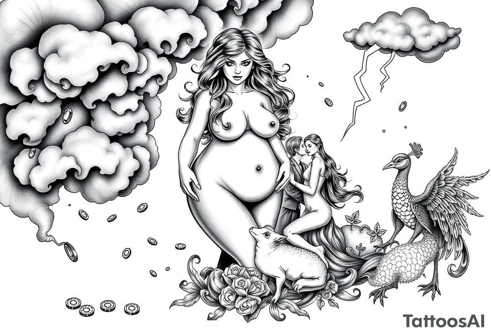 Storm clouds with a fat naked woman and drugs and money  and coins and mirror and sexy naked couple lustful having sex with pig and peacock frog lamb and lightening tattoo idea