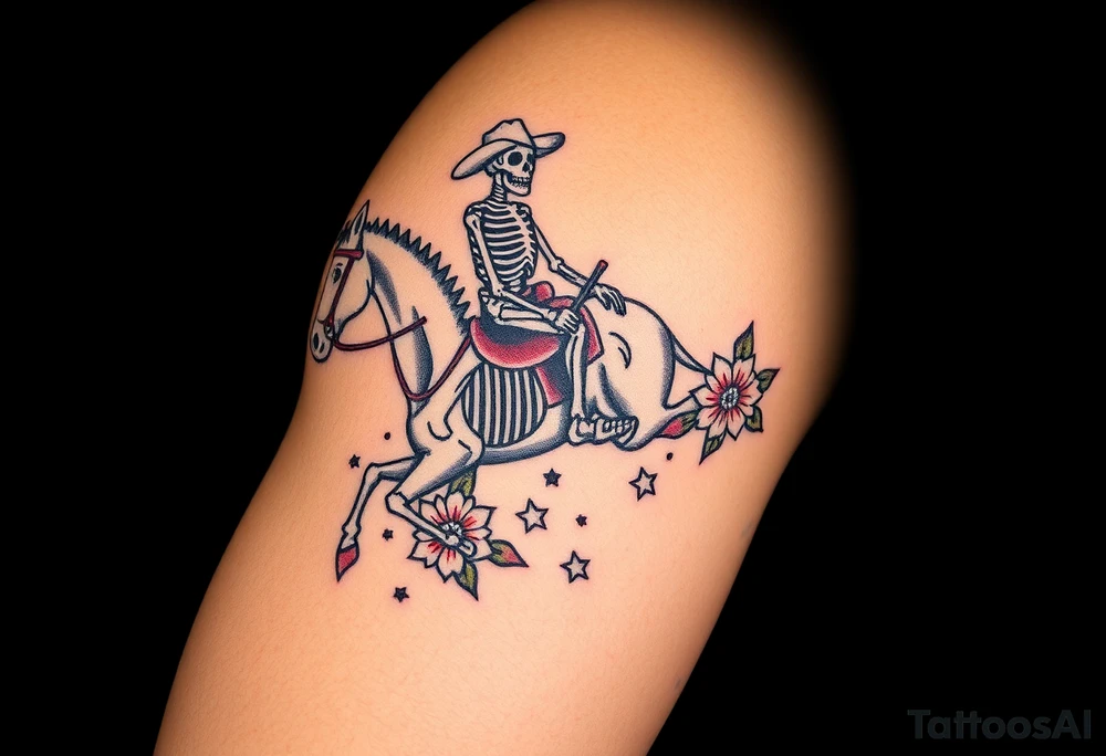 cowboy skeleton riding a horse skeleton on bicep, Fill with stars, dots, and flowers tattoo idea