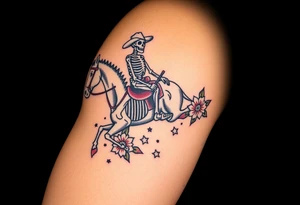 cowboy skeleton riding a horse skeleton on bicep, Fill with stars, dots, and flowers tattoo idea