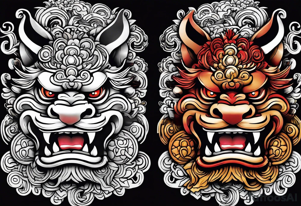 Pair of neo traditional Okinawa shisa, one has mouth closed, the other one, has mouth open. tattoo idea
