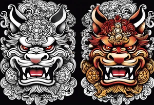 Pair of neo traditional Okinawa shisa, one has mouth closed, the other one, has mouth open. tattoo idea