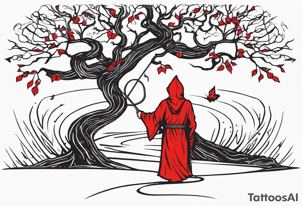 Hooded man in white. Right hand up. Left hand holding a bow. A one red and one white snake intertwining going up the front of the robe. Large oak tree behind him. And two paths going around him and the tree. tattoo idea