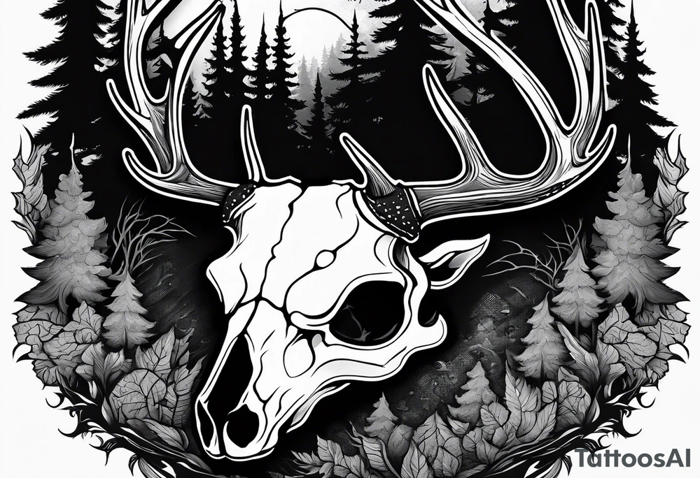 A SCARY side view of a decayed deer skull NO SKIN JUST BONE surrounded by a forest fire in background tattoo idea