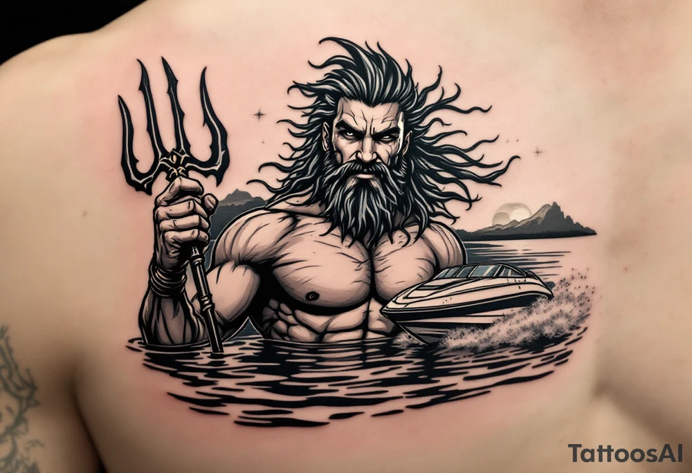 young, happy, fit poseidon in calm water, holding a trident, drinking a beer, with sunset, with ski boat tattoo idea