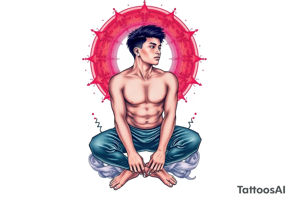 Handsome Asian young guy is standing on his knees and looking down tattoo idea