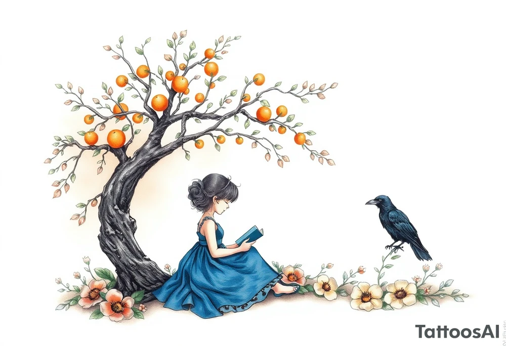 An orange tree, a little girl wearing a blue dress sitting under it while reading. A raven watching her. Flowers around.


. tattoo idea