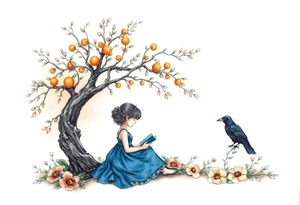 An orange tree, a little girl wearing a blue dress sitting under it while reading. A raven watching her. Flowers around.


. tattoo idea