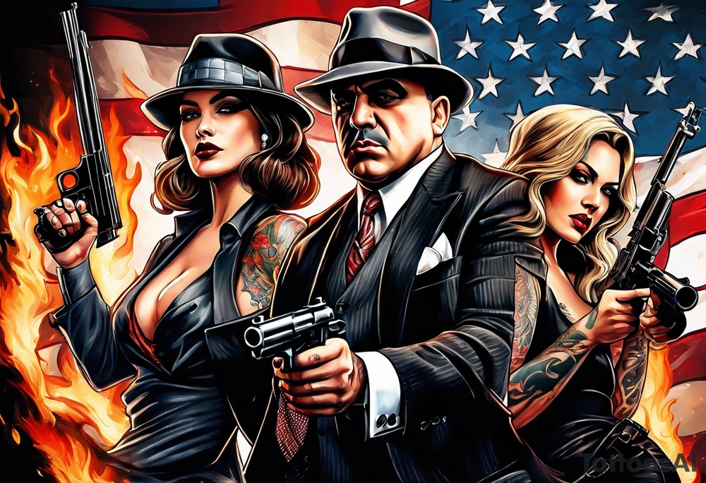 capone style gangsters battling with machine guns against a dark flame background 
american flag and sexy women tattoo idea