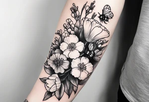 Realistic black and white tattoo with carnations, snowdrops, and bees. Good shadow work around the flowers meant as a forearm sleeve tattoo idea
