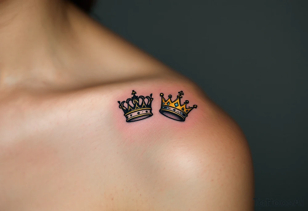 Minimalist black king and queen crowns with gold and silver accents on the outer hands celebrate your royal bond. tattoo idea