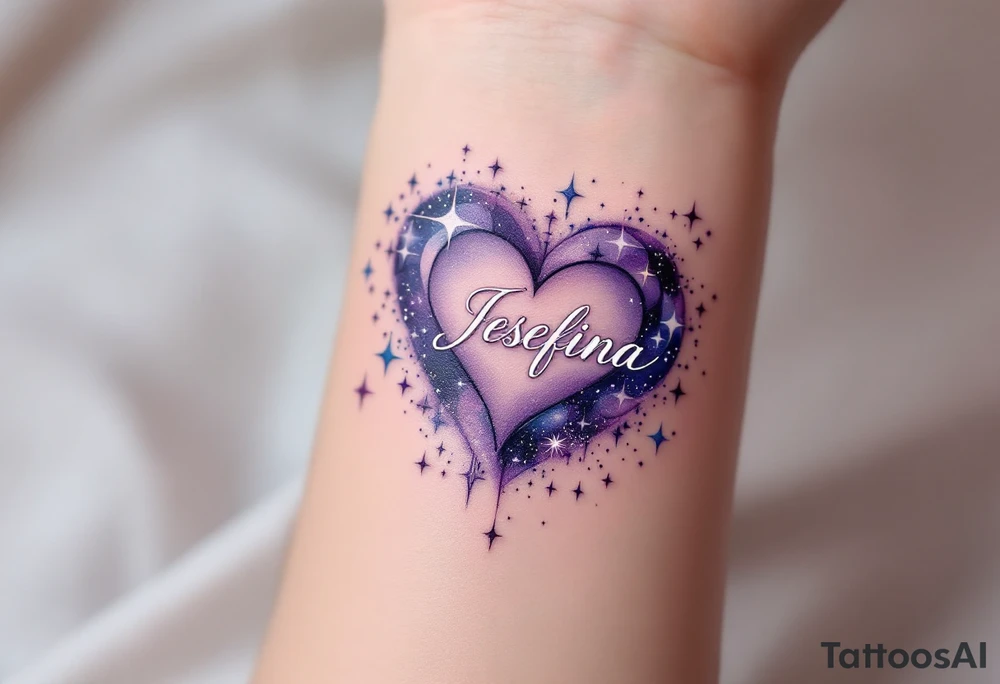 A heart surrounded by cosmic elements, with name "Jesefina" written in an elegant white script, accented by soft purple and silver sparkles. tattoo idea