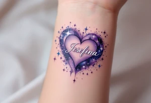 A heart surrounded by cosmic elements, with name "Jesefina" written in an elegant white script, accented by soft purple and silver sparkles. tattoo idea