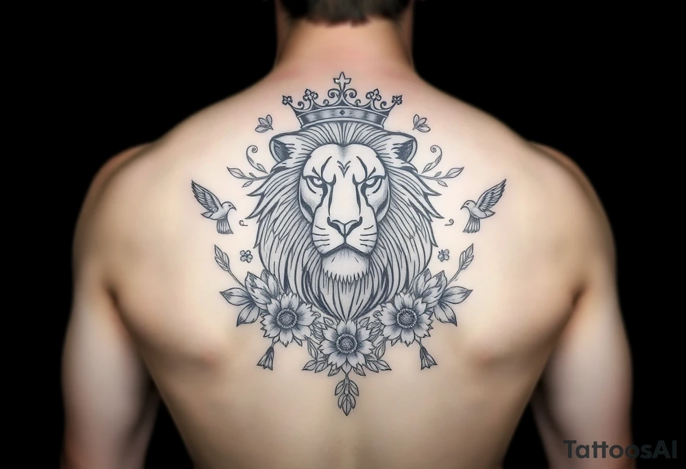 powerful majestic lion with a crown, surrounded by floral ornaments and birds tattoo idea