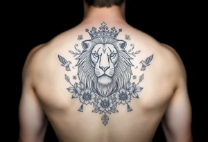 powerful majestic lion with a crown, surrounded by floral ornaments and birds tattoo idea