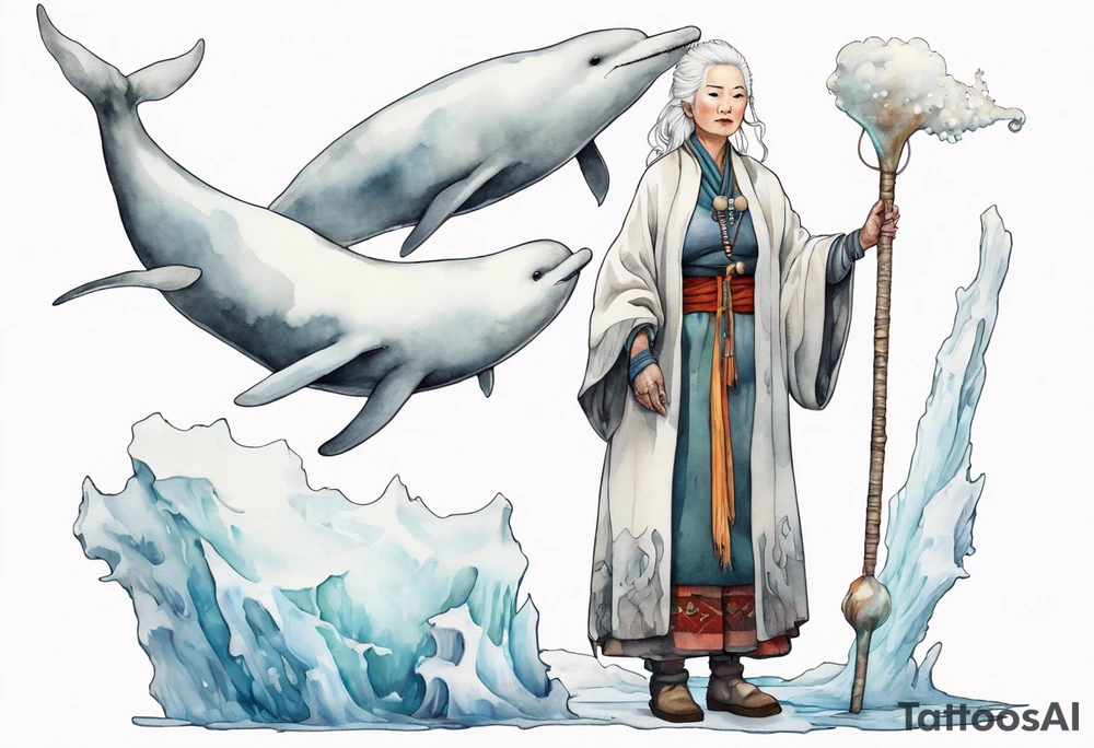 a 40 year old Sami woman with white hair and a white robe holding a long white narwhal horn, standing on an iceberg tattoo idea